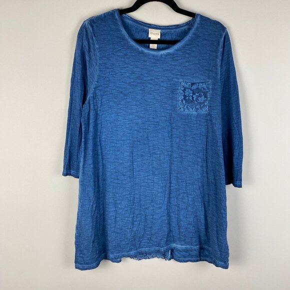 Chicos Burnout Lace Tunic Shirt 2 US Large Blue 3/4 Sleeves Floral - Picture 1 of 9